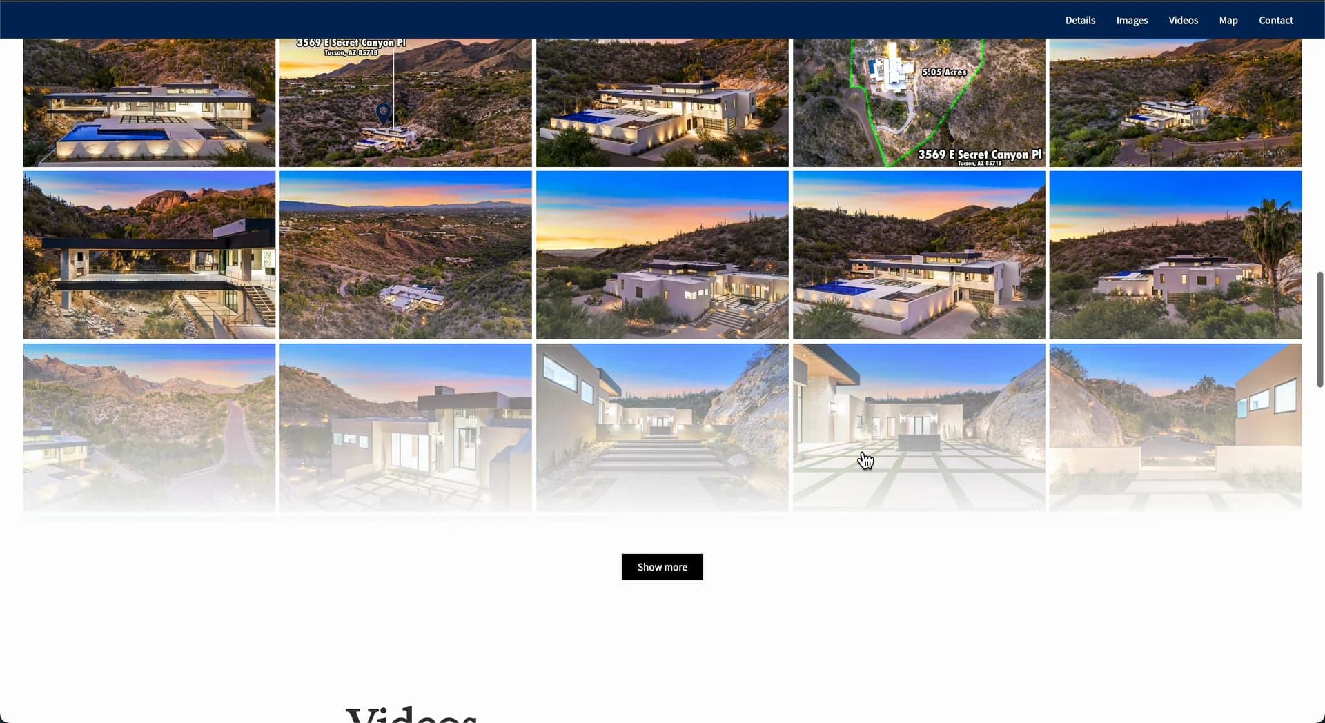 Property website preview with listing navigation and a real estate image gallery